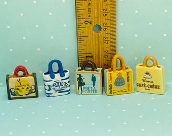 Mini Shopping Grocery Market BAGS Totes Farmer's Market Basket Re-useable Bag -  Feve Feves Porcelain Dollhouse Miniatures CC4