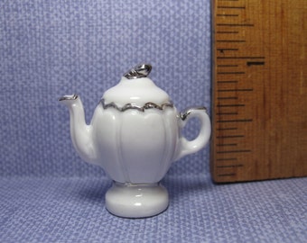 SILVER Trimmed Ironstone Bone China Teapot Coffepot - French Feve Feves White Wedding Tea Service Figurines Dollhouse Miniature L45