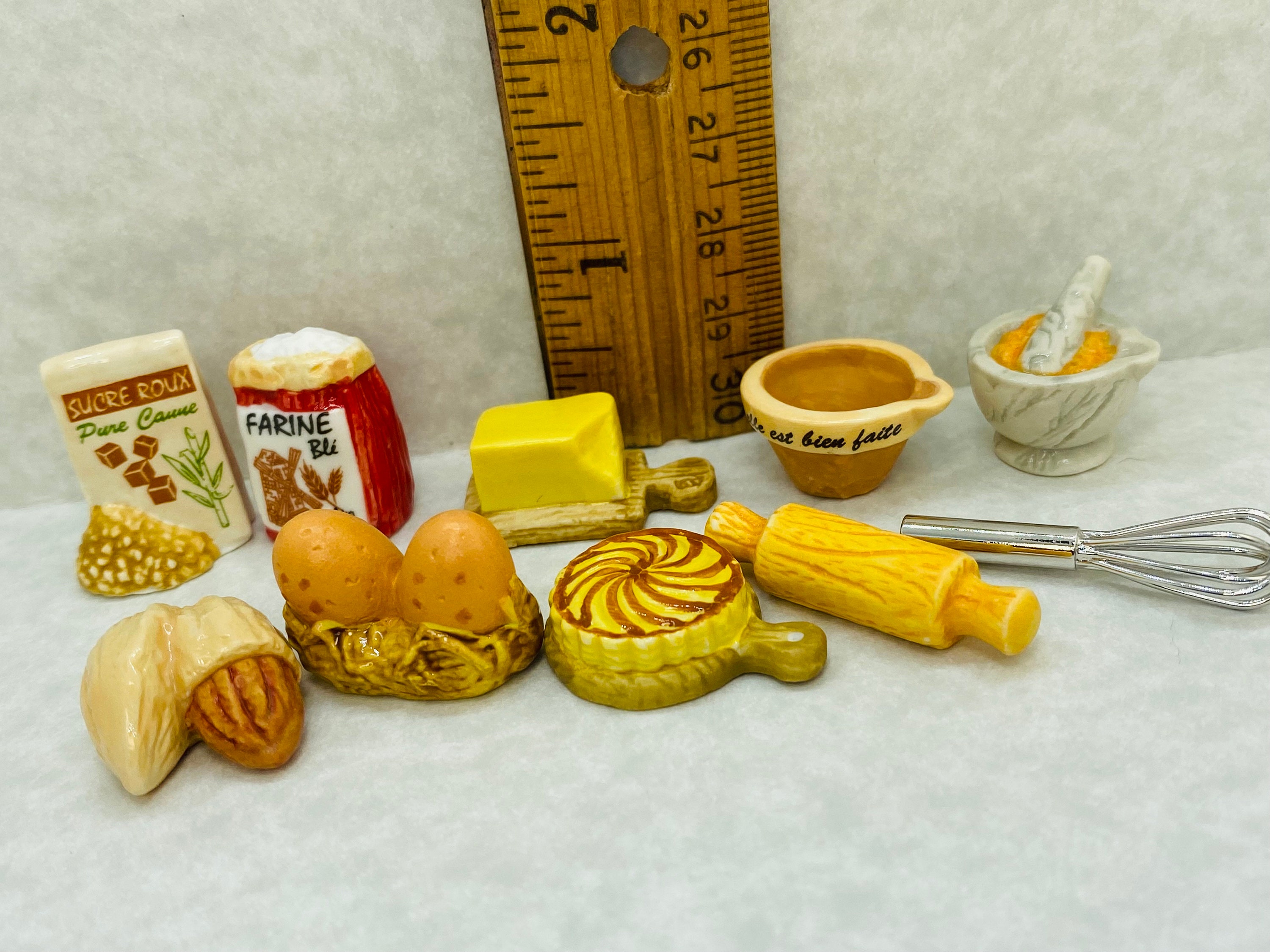 CAKE BAKING Ingredients Pastry Eggs Butter Flour Sugar Whisk Rolling Pin Chef's Tools French Feve Feves Porcelain Dollhouse Miniatures X105