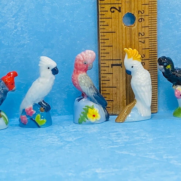 COCKATIELS  Parrots TROPICAL BIRDS Cockatiel Parrot Cockatoo Weiro Bird - French Feve Feves Porcelain Dollhouse Miniatures S96