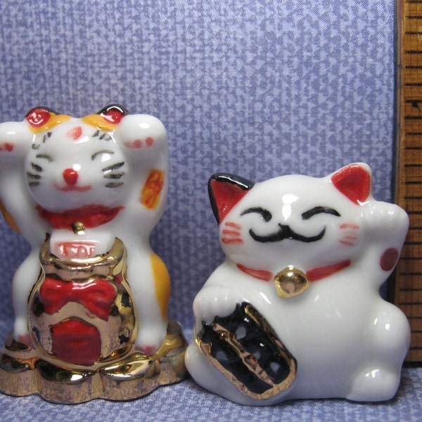 French Feve - ASIAN Good Luck CATS Maneki-Neko Kitten Kitty Kittens Beckoning Cat- Tiny Porcelin Feves Figurine Dollhouse Miniature P220