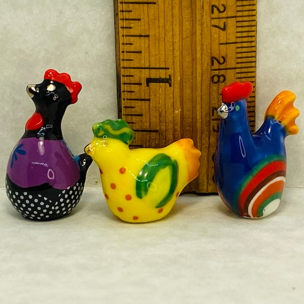 Folk Art CHICKENS Hen Rooster Roosters Chicken Hens -  French Feve Feves Mini Figurine Dollhouse Miniature AA24