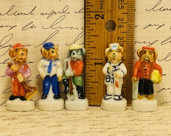 Tiny DOGS at Work: Policeman, Construction Bellhop Doctor Gardener Vintage Puppy Hound Dog Porcelain French Feves Dollhouse Miniature DD4
