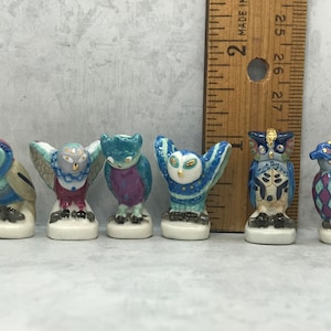 CLEARANCE HEAVENLY OWLS Wise Old Barn Owl Wood Hoot Blue Aqua Turquoise Hand Painted French Feve Feves Figurines Dollhouse Miniatures JJ1