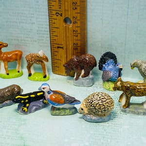 Animals of the FOREST PRESERVE Bear Deer Fawn Hunting Turkey Hedgehog Hawk Otter Lynx - French Porcelain Feve Feves Figurine Miniature  TT26
