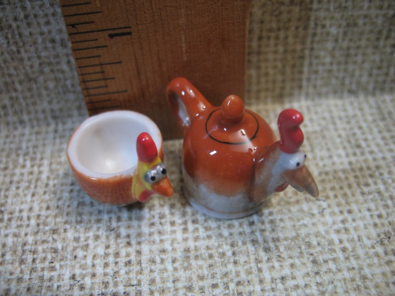 CHICKEN Animal Rooster Cup & Teapot Set Hen Chick French Feve Feves Figurines Miniature C45 image 3