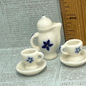 Vintage Tiny Teapot Cup & Saucers  Tea set Coffeepot White Blue Wedding China Floral - French Feve Feve Figurines Dollhouse Miniature UU150