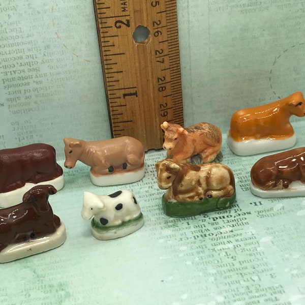 COWS Vintage Animal Nativity Figures Santons Miniature Creche Cow French Feve Feves Porcelain Figurines T135