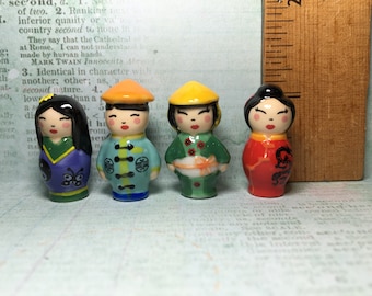 KOKESHI 4 Japanese Dolls Doll Red Blue Green Asian Kimmidolls  - French Feve Feves Figurines Dollhouse Miniatures OO45