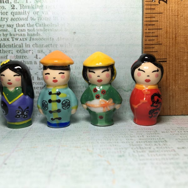 KOKESHI 4 Japanese Dolls Doll Red Blue Green Asian Kimmidolls  - French Feve Feves Figurines Dollhouse Miniatures OO45