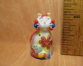 French Feve - Artsy Colorful CAT Kitten Whimsy Kitty - Tiny Porcelin Feves Figurine Dollhouse Miniature D60