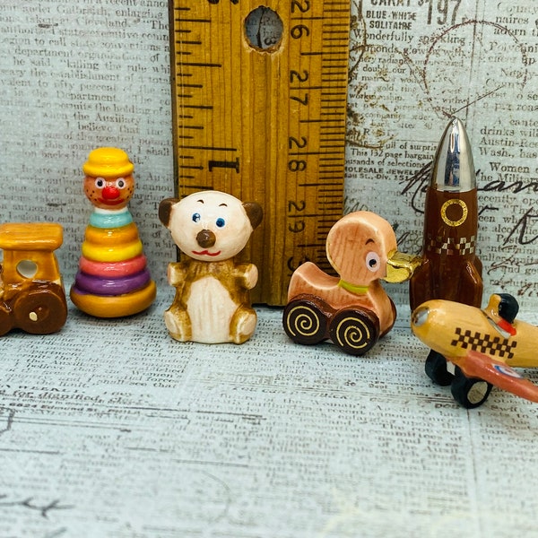 Tiny Wooden RETRO TOYS Train Plane Rocket Duck Pull Toy Bear Stacking Nursery Playroom - Porcelain French Feve Feves Dollhouse Miniatures K1