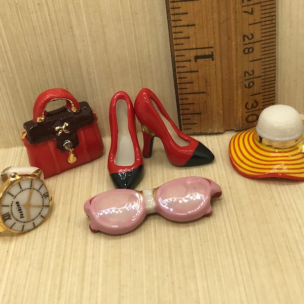 ELEGANCE Ladies Fashion Accessories Hat Purse Shoes Watch Sunglasses - French Feve Feves Porcelain Figurines Dollhouse Miniatures PP2