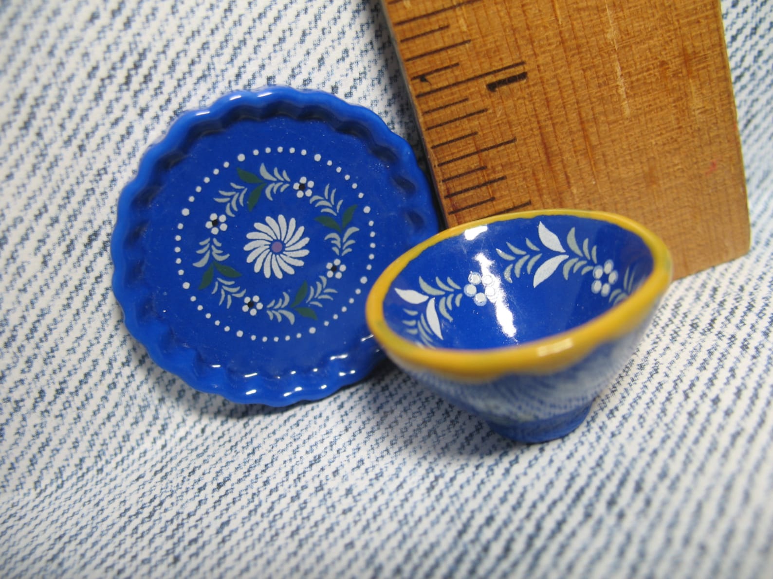 FOLK ART DISHES Blue & Yellow Country Flowers Birds Floral Etsy