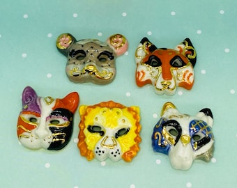ANIMAL MASKS Parade Carnival Mardi Gras Mask Lion Mouse Wolf Fox Jungle Cat French Feve Feves Porcelain Figurines Dollhouse Miniatures  U63