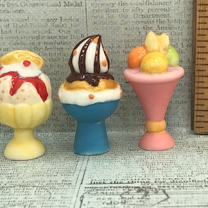 SODA FOUNTAIN 3 Fancy Ice Cream Sundaes Floats Parfaits Sundae Food - French Feve Feves Figurines Porcelain Dollhouse Miniatures T38