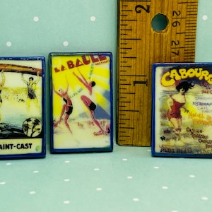 Tiny Vacation TRAVEL POSTERS Saint Cast La Baule Vintage wall plaque art French Feve Feves Porcelain Figurines Dollhouse Miniature KK118