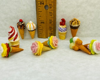 2 Fancy Ice Cream Cones Waffle Cone Sundaes Floats Parfaits Cafe Parlor Food - French Feve Feves Porcelain Dollhouse Miniatures  J336
