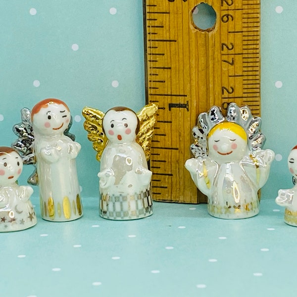 Tiny Iridescent ANGELS Cherub Putti Angel Gold & Silver Detail - Feve Feves Porcelain Figurines Dollhouse Miniature Mini Figures CC2   A