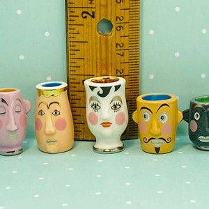 ODDBALL VASES Cartoon Faces Art Pottery Planters Pots & Modern Decor Vase Crock French Feve Feves Porcelain Dollhouse Miniatures O6 Set of all 5