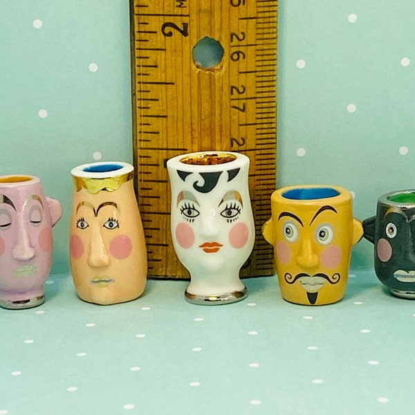 ODDBALL VASES Cartoon Faces Art Pottery Planters Pots & Modern Decor Vase Crock - French Feve Feves Porcelain Dollhouse Miniatures O6