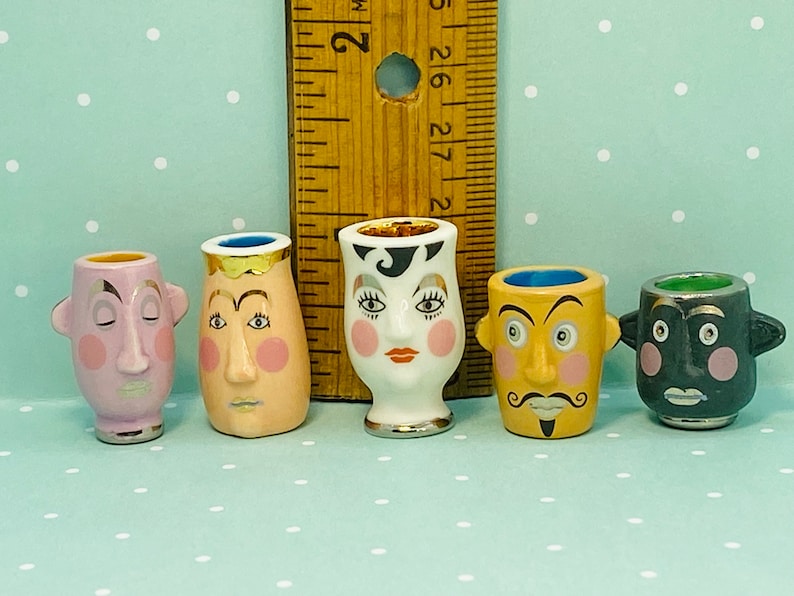 ODDBALL VASES Cartoon Faces Art Pottery Planters Pots & Modern Decor Vase Crock French Feve Feves Porcelain Dollhouse Miniatures O6 Set of all 5