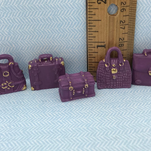 Tiny Purple Leather Look PURSES Tote Purse Handbags Backpack Pocketbook Totes- French Feves Porcelain Dollhouse Miniatures Accessories YY7