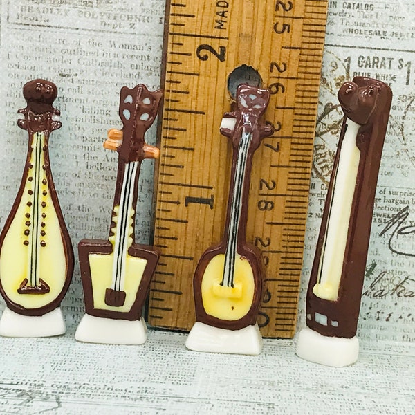 4 Tiny Musical Stringed Instruments: Mandolin Bouzouki International World Folk Ruan Gugin French Feve Feves Dollhouse Miniatures P108