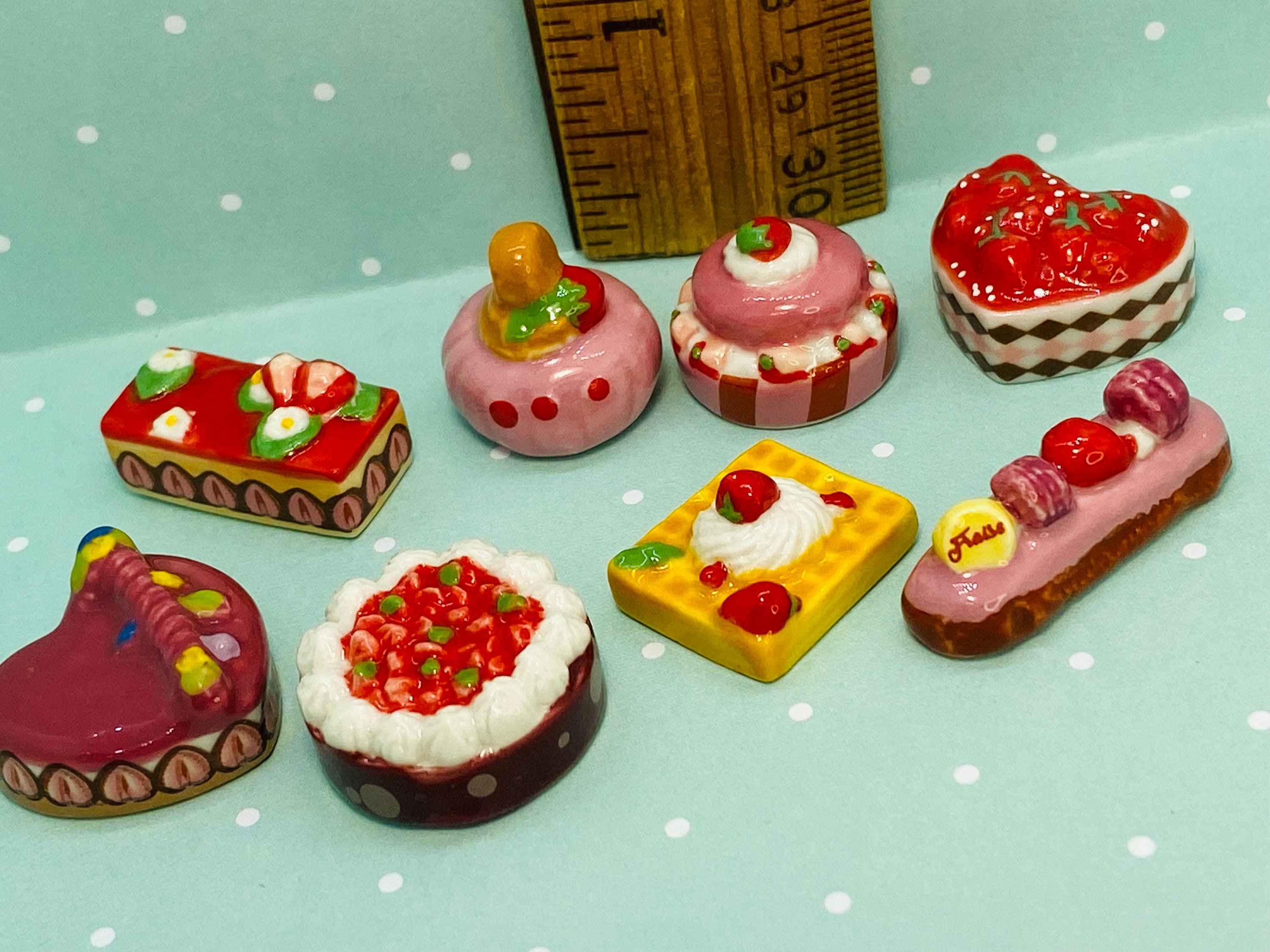 Strawberry CAKES Dessert Pastry Cake Pie Tart Valentine's Day Éclair Treat Bakery Baked Goods - French Feve Feves Dollhouse Miniatures CC121