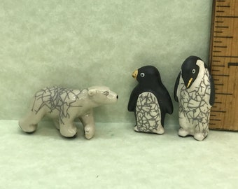 Tiny RAKU Art Pottery ANIMALS Penguin Mama Baby Polar Bear Arctic Asian japanese French Feve Feves Figurines Dollhouse Miniatures L69