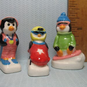 SPORTY PENGUINS  Skiing Bobsledding Snowboarding Ski Sled Penguin-  Hand painted - French Feve Feves Porcelain Dollhouse Miniature SS1