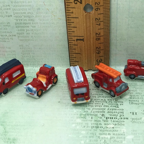 Tiny FIRE TRUCKS Pumper Ladder Engine Tanker Hose Cars Vintage Style - French Feve Feves Porcelain Figurines Dollhouse Miniatures  P312