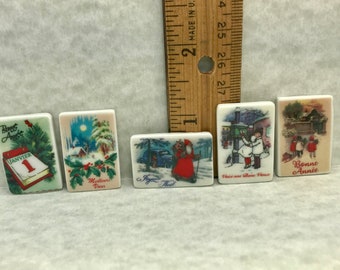 Tiny Vintage French CHRISTMAS POSTCARDS Holiday Cards Wall Art Posters - French Feve Feves Porcelain Figurines DollHouse Miniatures N35