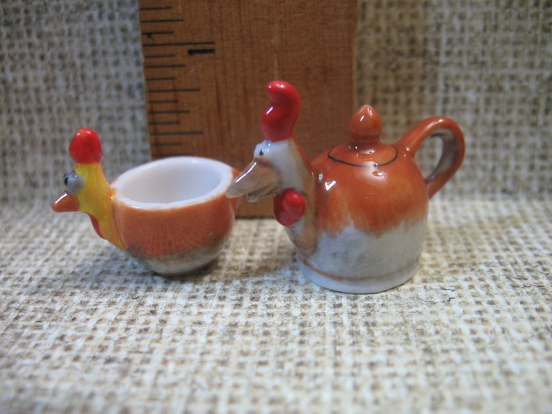 CHICKEN Animal Rooster Cup & Teapot Set Hen Chick French Feve Feves Figurines Miniature C45 image 1