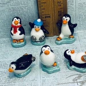 Tiny PENGUINS On ICE Skating Playful Penguin Hand Painted Arctic Birds Bird - French Feve Feves Porcelain Figurine Dollhouse Miniatures J319