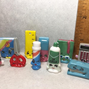 SHOPKINS Feves School Supplies: Scissors Glue Calculator Ruler Pencil - French Feve Feves Porcelain Figurines Dollhouse Miniatures V162