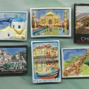 World POSTCARD Greece China Africa Mt Rushmore, Vintage Style Hand Painted Porcelain  - French Feve Feves Dollhouse Miniature HH12