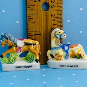 HORSES Breeds Selle Francais & Norwegian Fjord Horse Stallion Pony Horse French Feve Feves Porcelain Figurines Dollhouse Miniatures A163