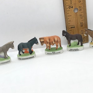 Puede incluir: Cinco figuritas de burro en miniatura, cada una representando una raza de burro diferente. Los burros están pintados en colores realistas y están de pie sobre pequeñas bases verdes. Las bases tienen el nombre de la raza de burro escrito en francés. Las razas de burro son: "Ane de Provence", "Ane Bourbonnais", "Ane Baudet du Poitou", "Ane Grand Noir du Berry", y "Ane des Pyrenees".