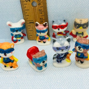 SUPERHERO FOREST CRITTERS Woodland Animals Raccoon Fox Owl Deer Caped Heroes Hero  French Porcelain Feve Feves Dollhouse Miniatures  OO52