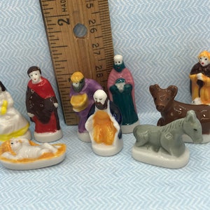 Primitive 9 pc Nativity Set Mary Joseph Jesus Shepherd Hand Painted Creche Porcelain Miniature - French Feve Feves Dollhouse Miniatures BB2
