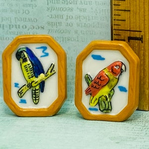 Tiny framed BIRD Wall Plaque Grand Lori Blue Yellow Macaw Parrot Parrots Birds Art- French Feve Feves Porcelain Dollhouse Miniature EE130