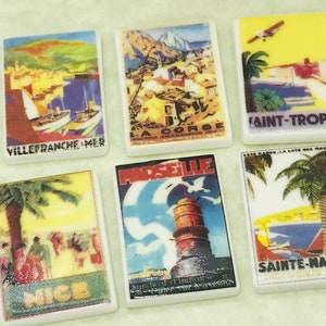 Poster vintage minuscolo di VIAGGIO francese, souvenir di vacanza, poster di stampa della Francia, Nizza, St Tropez - Miniature di casa delle bambole in porcellana Feve Feves S107