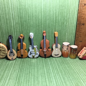 Tiny Musical Instruments: Electric Guitar Violin Accordian Drum Tamborine Folk Tamburitza - French Feve Feves Dollhouse Miniatures Z100