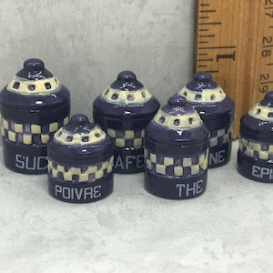 Tiny Country French KITCHEN CANISTER Set of 6 Tea Sugar Flour- French Feve Feves Porcelain Figurine Miniature GG3