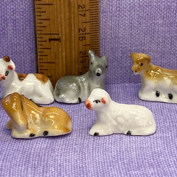 Barnyard VINTAGE Farm ANIMALS Goat Horse Cow Lamb Donkey Nativity Creche - French Feve Feves Porcelain Figurines Dollhouse Miniatures KK90