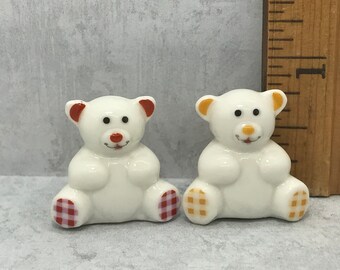 Sweet White TEDDY BEAR Pair Stuffed Animals Toys Bears  - Hand painted French Feve Feves Porcelain Figurines Dollhouse Miniatures V88