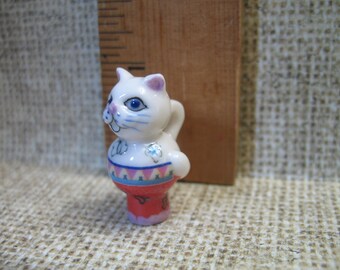 CAT PITCHER Fun Animal Jug Pottery Kitten Kitty Miniature French Feve Feves Figurines Dollhouse F50
