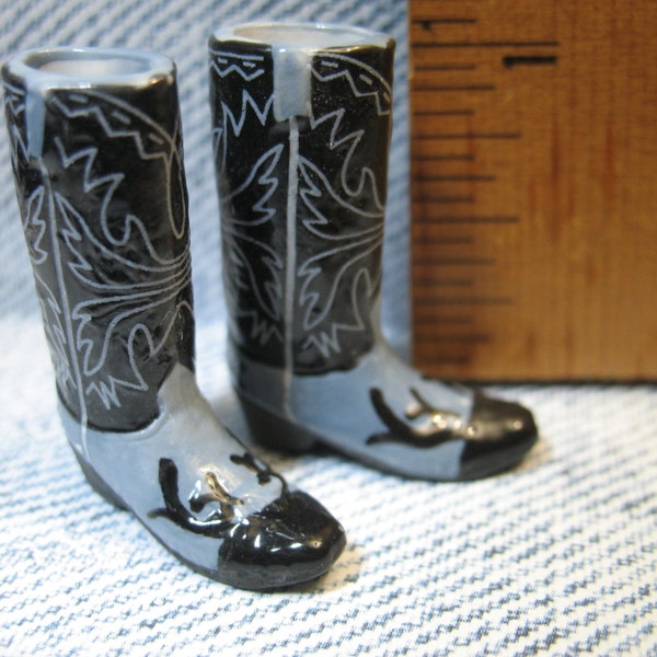 Black Fancy COWBOY BOOTS Western Boot Pair - French Feve Feves Porcelain Figurines  Dollhouse Miniatures R1