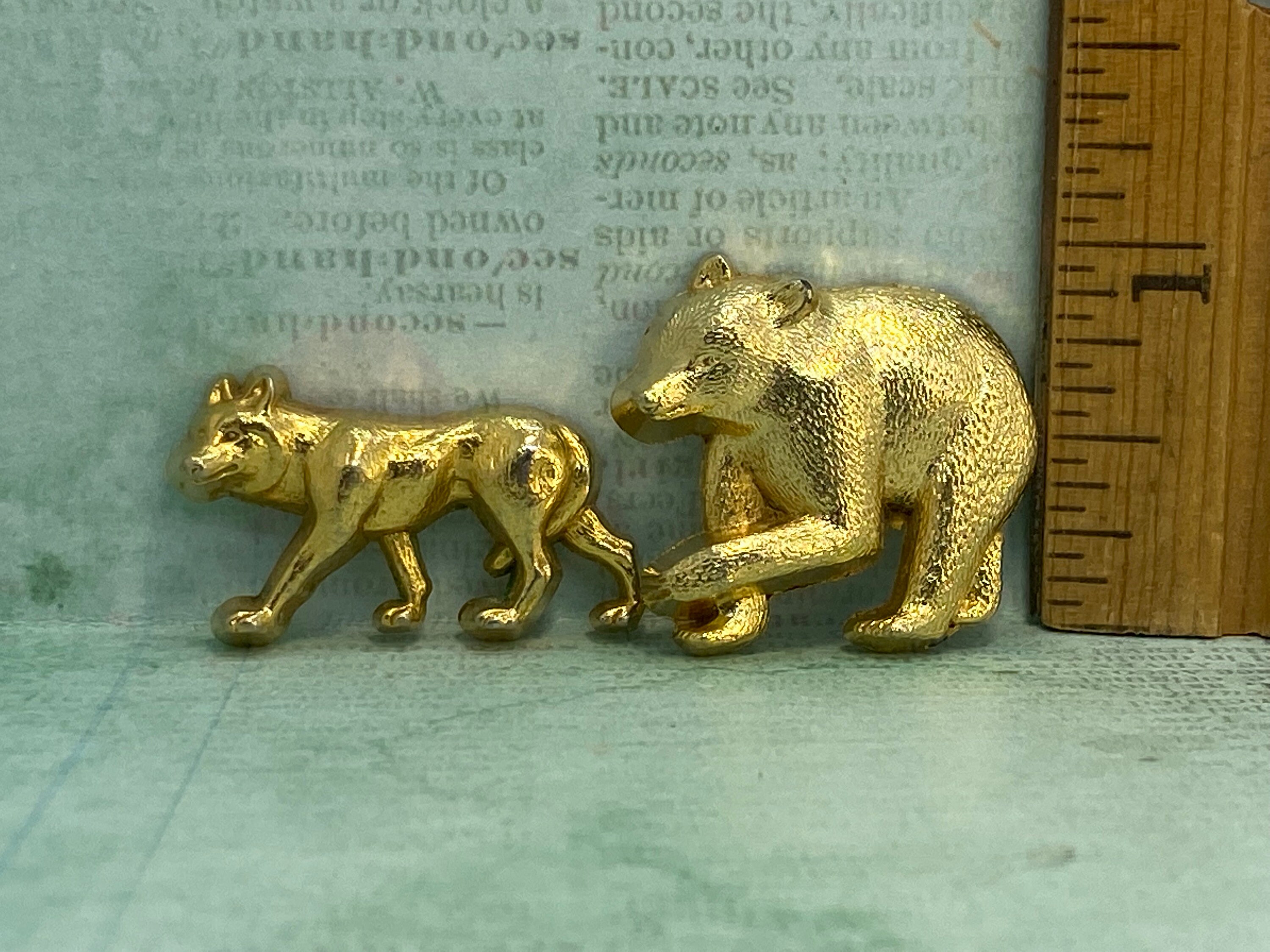 GOLD METAL Wolf & Bear Forest Woodland Animals Miniature Zoo Vintage -  French Feve Feves Metal Figurine Dollhouse  G315